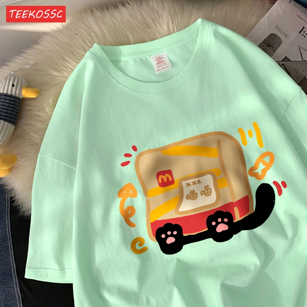 The Little Cat Covered By A Bagcotton Womens T-Shirts Cartoons Printed T Shirts Loose O-Neck Soft Tops Summer Casual Clothes