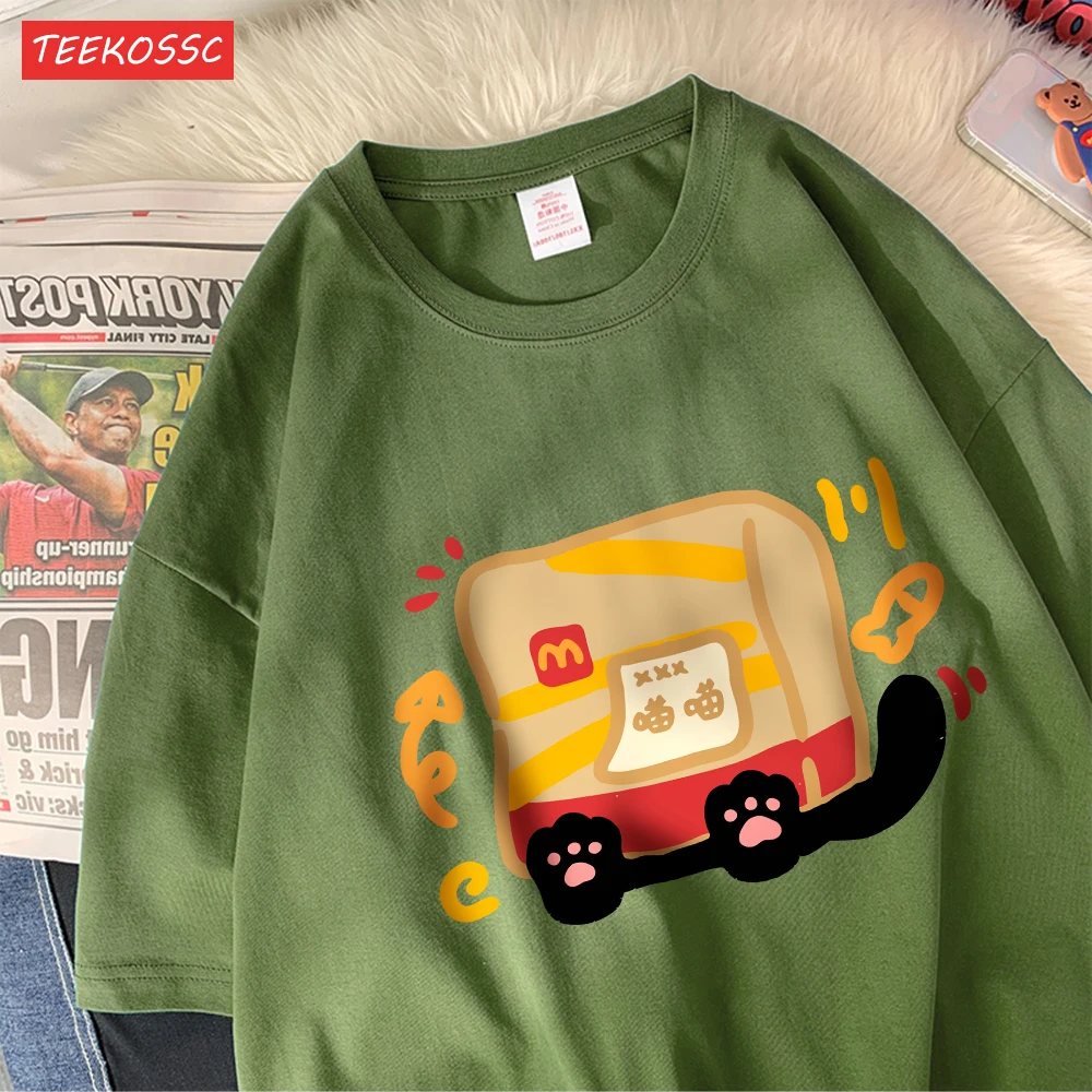 The Little Cat Covered By A Bagcotton Womens T-Shirts Cartoons Printed T Shirts Loose O-Neck Soft Tops Summer Casual Clothes