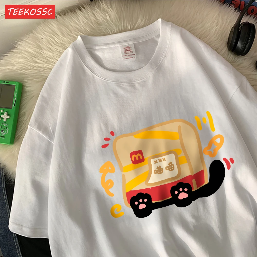 The Little Cat Covered By A Bagcotton Womens T-Shirts Cartoons Printed T Shirts Loose O-Neck Soft Tops Summer Casual Clothes