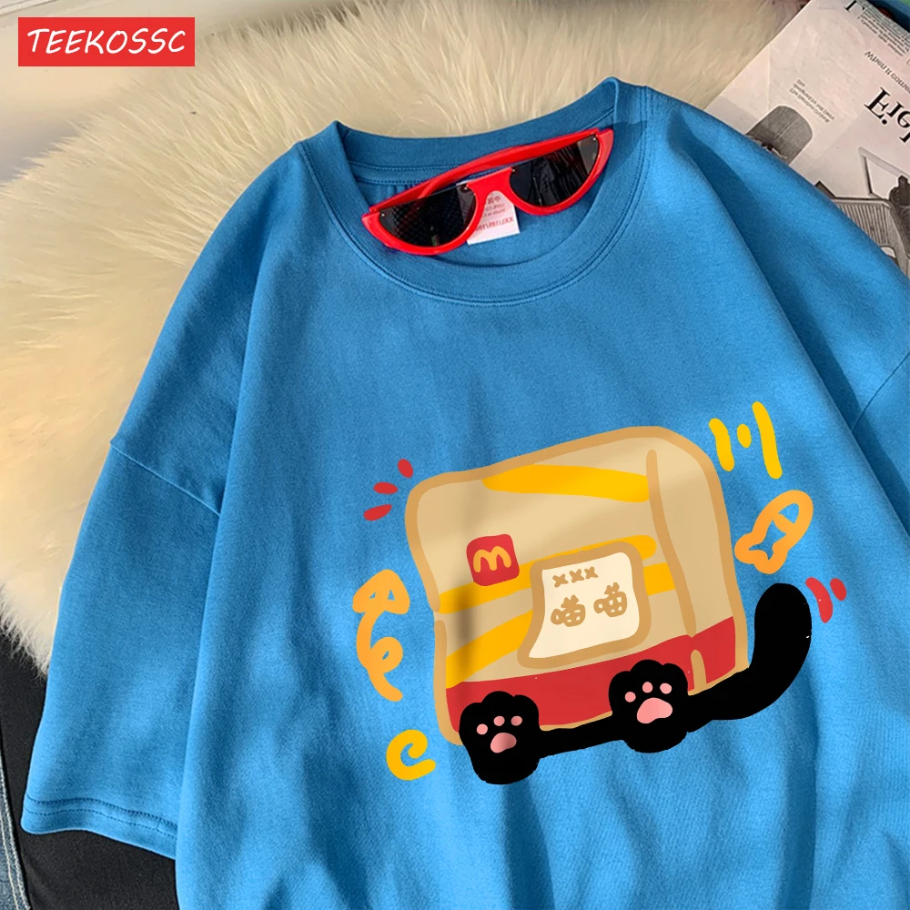 The Little Cat Covered By A Bagcotton Womens T-Shirts Cartoons Printed T Shirts Loose O-Neck Soft Tops Summer Casual Clothes