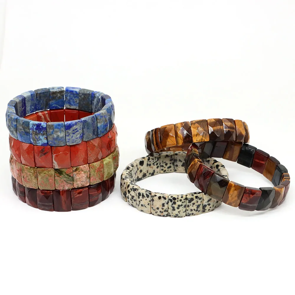 10x15mm Natural Stone Square Beads Bracelets for Women Men Healing Crystal Faceted Rectangle Stretch Bangle Wrist Jewelry Gifts