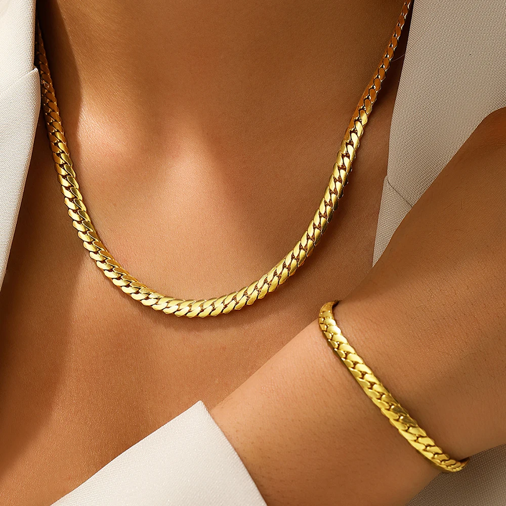 Aomogo Stainless Steel Simple Flat Cuban Chain Bracelet Necklace Jewelry Set 18k Gold Plated Fashion Thick Chain Fashion Jewelry