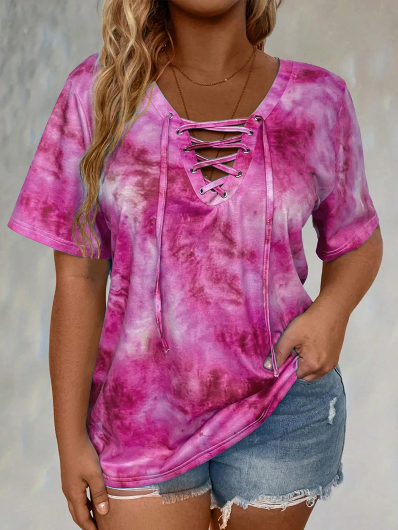 Plus size tie-dye printed short-sleeved T-shirt elegant lace-up hanging collar design top spring and summer casual style