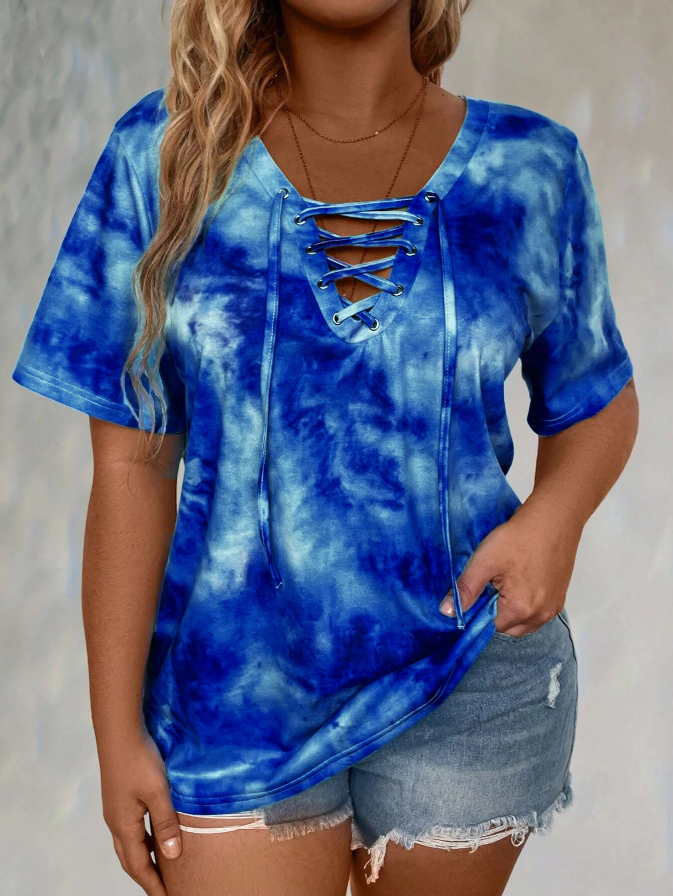 Plus size tie-dye printed short-sleeved T-shirt elegant lace-up hanging collar design top spring and summer casual style