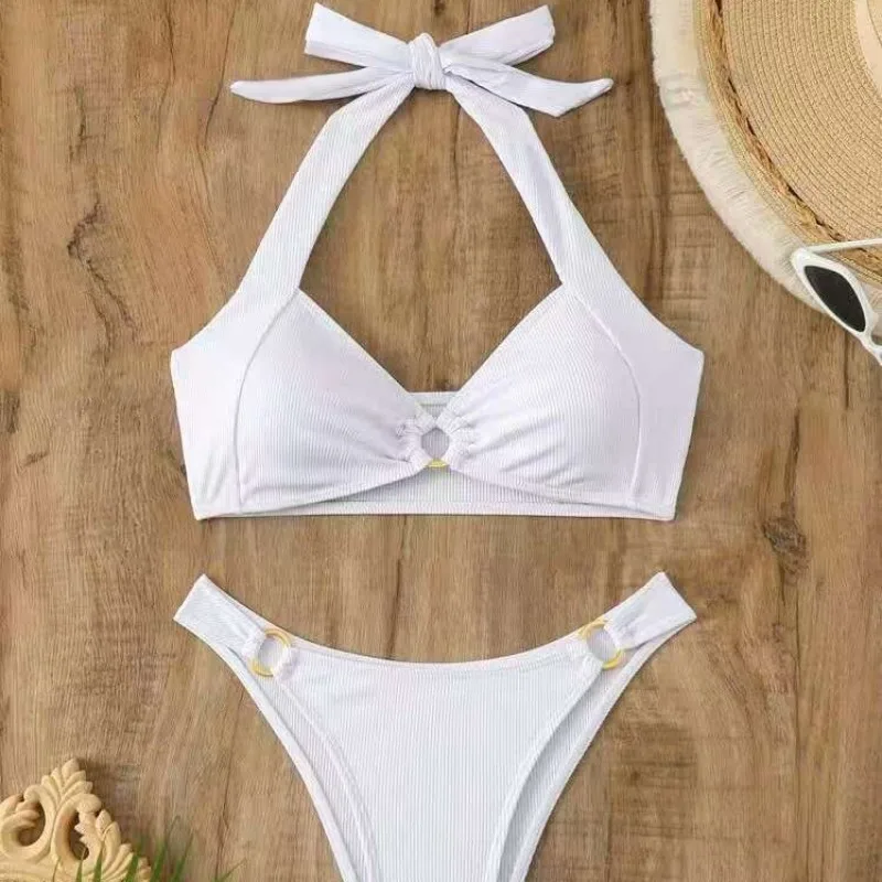 Adjustable Halter Bikini Set Solid Color Bikini Neck Trendy Swimwear for  Women Ladys Bathing Suit