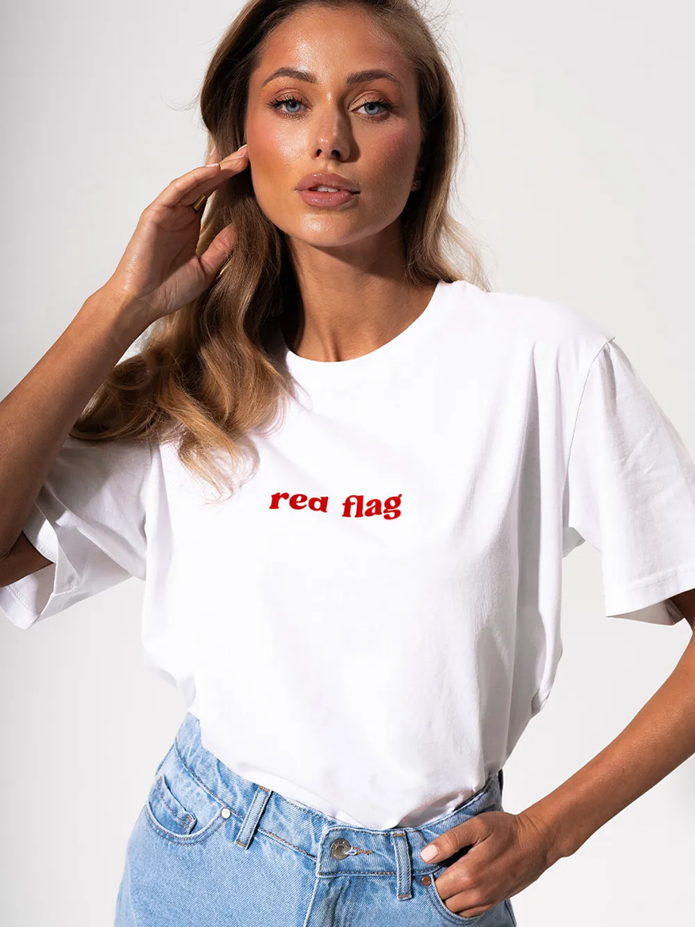 Red Flag Oversized T-Shirt Letter Print Women's T-Shirt Cotton Simple Design Summer Fashion Tee Boutique Drop Sleeve