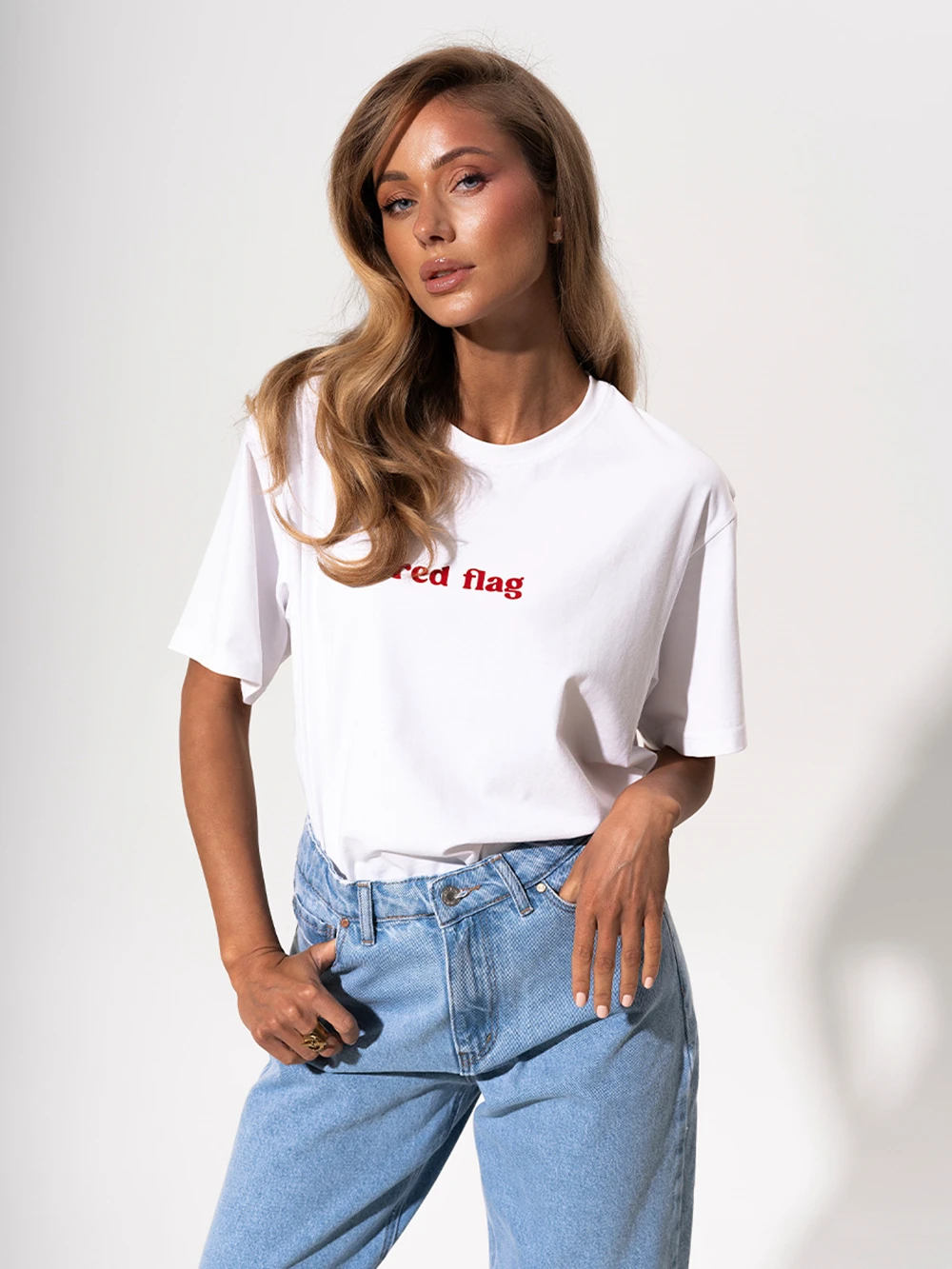 Red Flag Oversized T-Shirt Letter Print Women's T-Shirt Cotton Simple Design Summer Fashion Tee Boutique Drop Sleeve