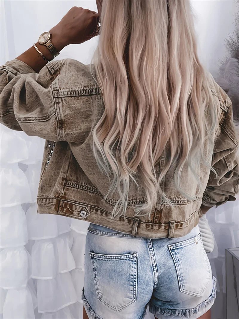 New Rivet Decorated Denim Jacket Ladies Fashion Casual Streetwear Lapel Long Sleeve Single-breasted Cardigan Short Colored Coat
