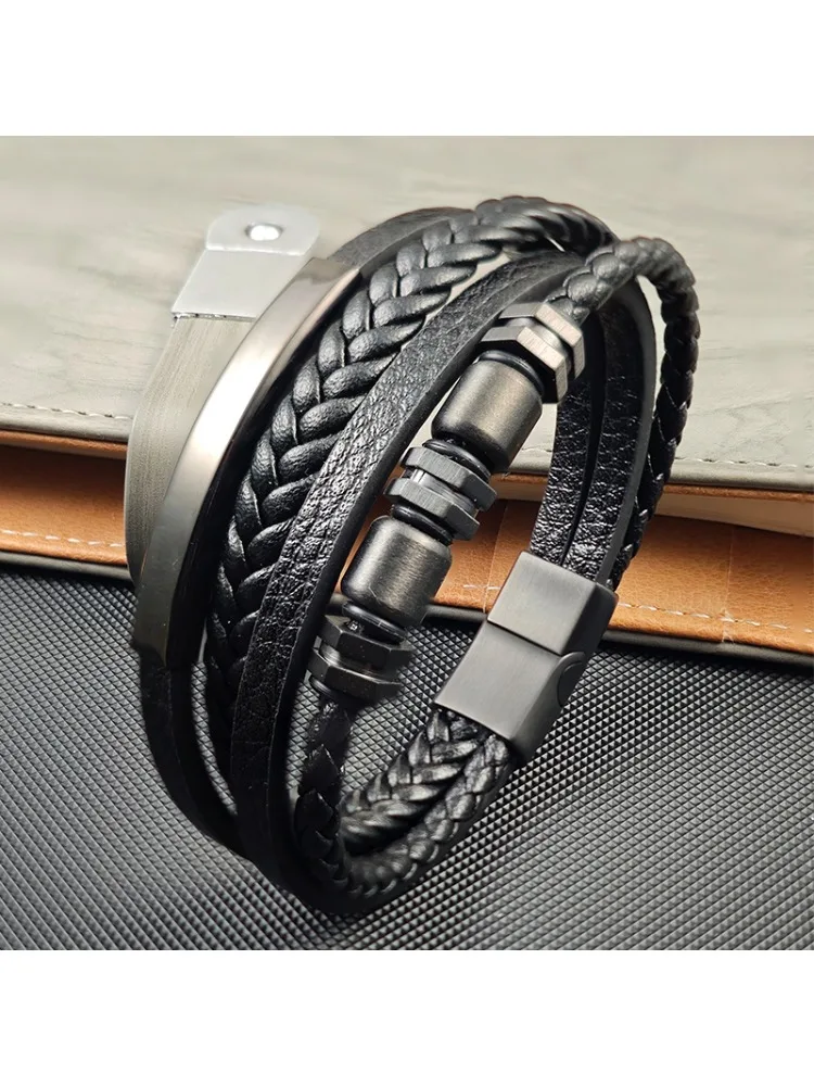 Men's Stainless Steel Luxury Magnetic Buckle Braided Multi-layer Leather Cylinder Hexagonal Bead Bracelet Men's Jewelry Gift