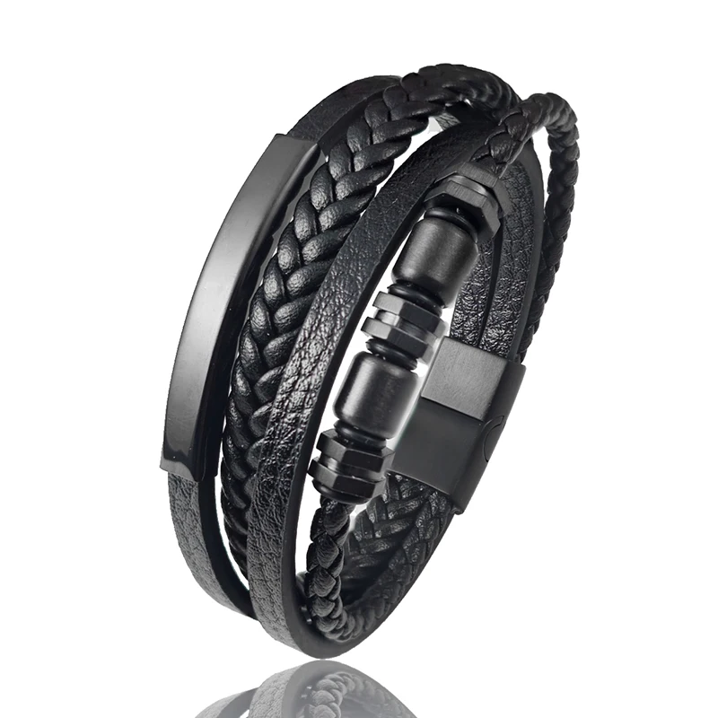 Men's Stainless Steel Luxury Magnetic Buckle Braided Multi-layer Leather Cylinder Hexagonal Bead Bracelet Men's Jewelry Gift