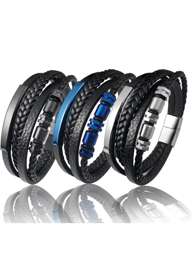 Men's Stainless Steel Luxury Magnetic Buckle Braided Multi-layer Leather Cylinder Hexagonal Bead Bracelet Men's Jewelry Gift