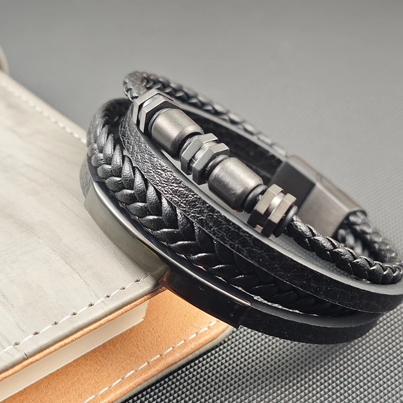 Men's Stainless Steel Luxury Magnetic Buckle Braided Multi-layer Leather Cylinder Hexagonal Bead Bracelet Men's Jewelry Gift