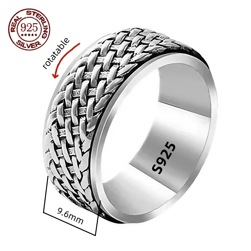 Factory Price S925 Sterling Silver Movable Great Wall Pattern Ring Men Women Real Silver Double-layer Rotatable Rings Jewelry