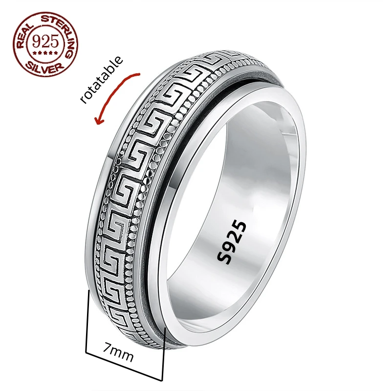 Factory Price S925 Sterling Silver Movable Great Wall Pattern Ring Men Women Real Silver Double-layer Rotatable Rings Jewelry