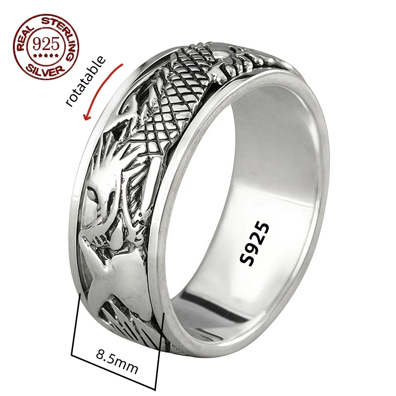 Factory Price S925 Sterling Silver Movable Great Wall Pattern Ring Men Women Real Silver Double-layer Rotatable Rings Jewelry