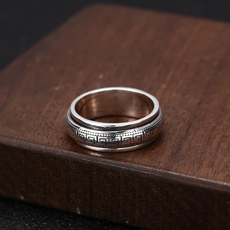 Factory Price S925 Sterling Silver Movable Great Wall Pattern Ring Men Women Real Silver Double-layer Rotatable Rings Jewelry
