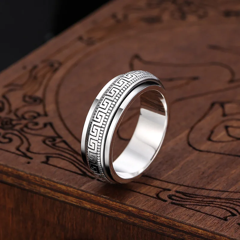 Factory Price S925 Sterling Silver Movable Great Wall Pattern Ring Men Women Real Silver Double-layer Rotatable Rings Jewelry