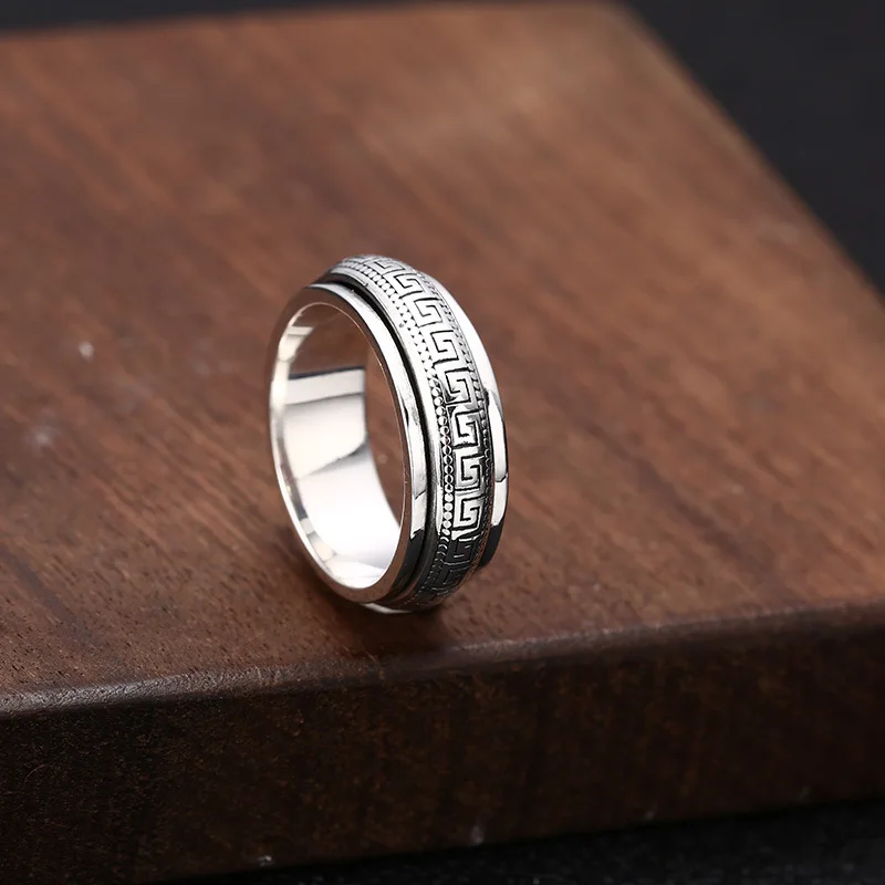 Factory Price S925 Sterling Silver Movable Great Wall Pattern Ring Men Women Real Silver Double-layer Rotatable Rings Jewelry