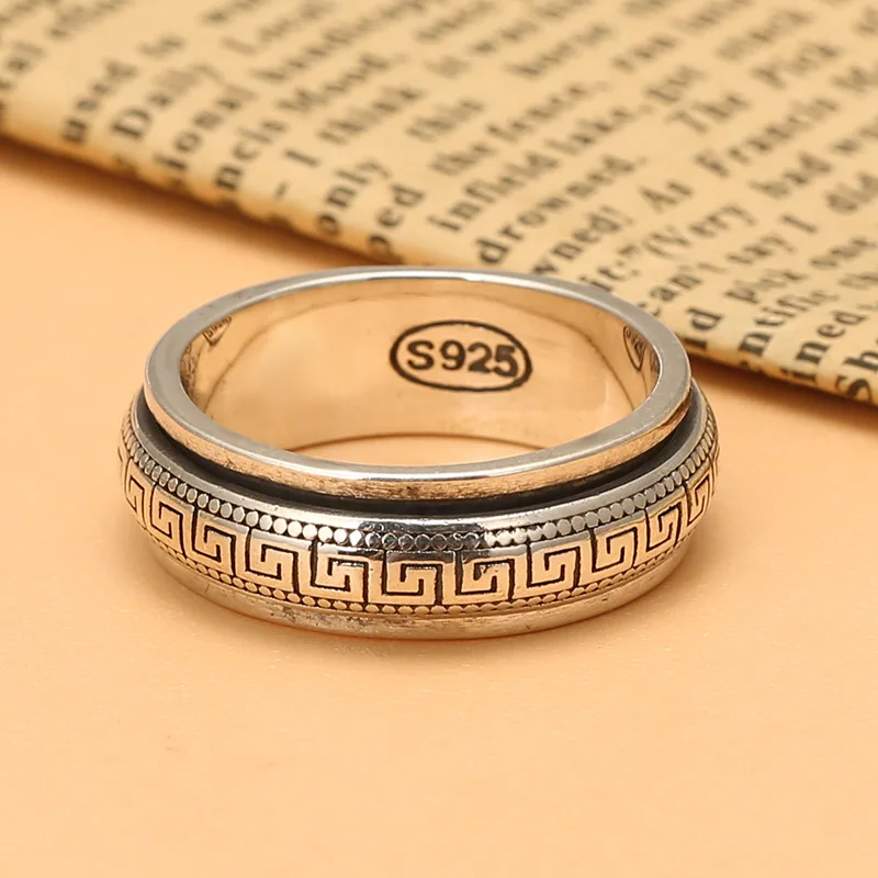 Factory Price S925 Sterling Silver Movable Great Wall Pattern Ring Men Women Real Silver Double-layer Rotatable Rings Jewelry