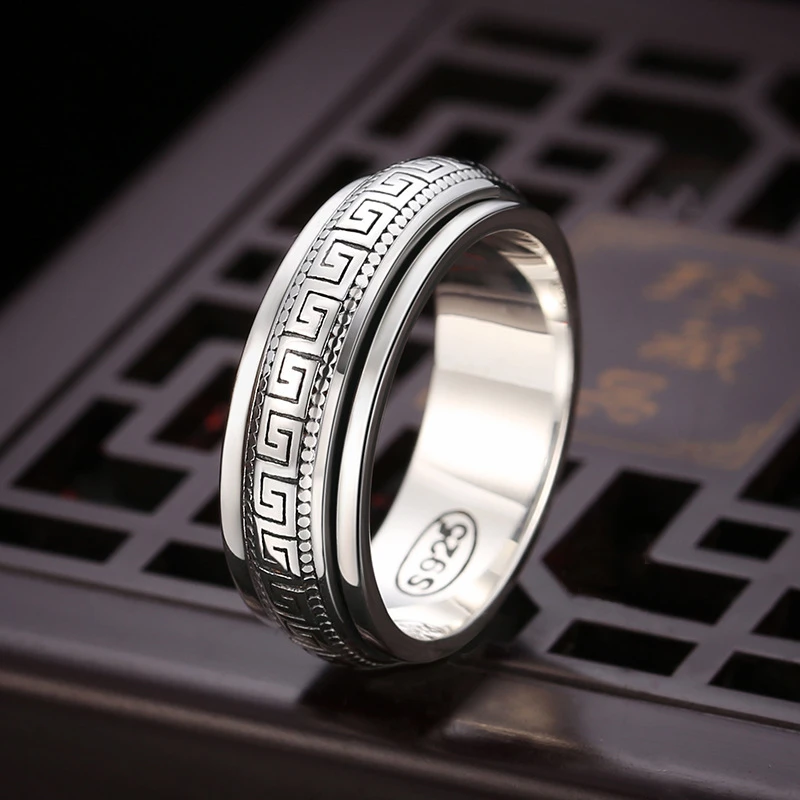 Factory Price S925 Sterling Silver Movable Great Wall Pattern Ring Men Women Real Silver Double-layer Rotatable Rings Jewelry