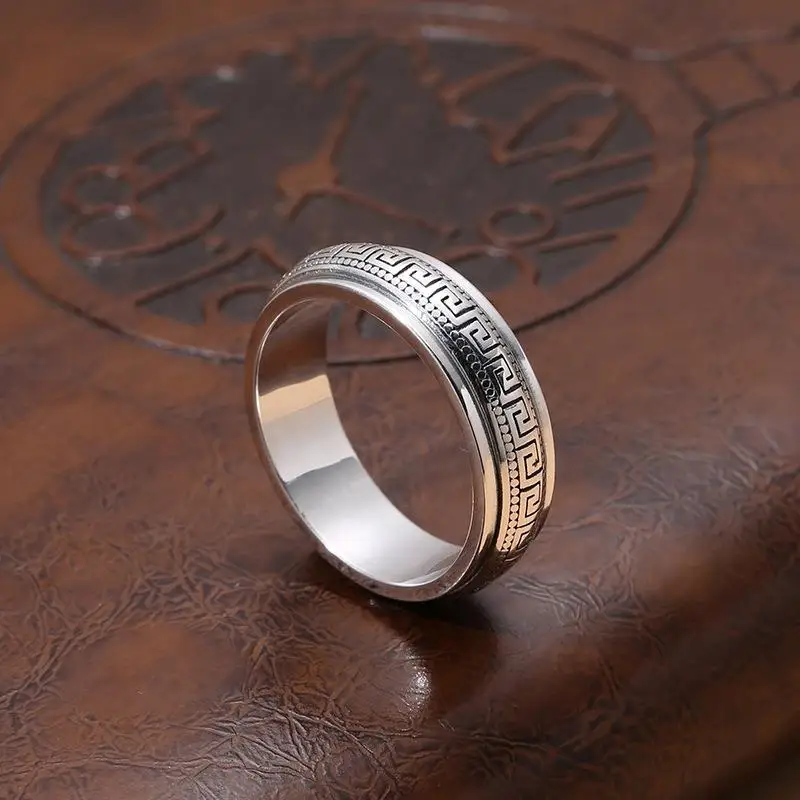 Factory Price S925 Sterling Silver Movable Great Wall Pattern Ring Men Women Real Silver Double-layer Rotatable Rings Jewelry