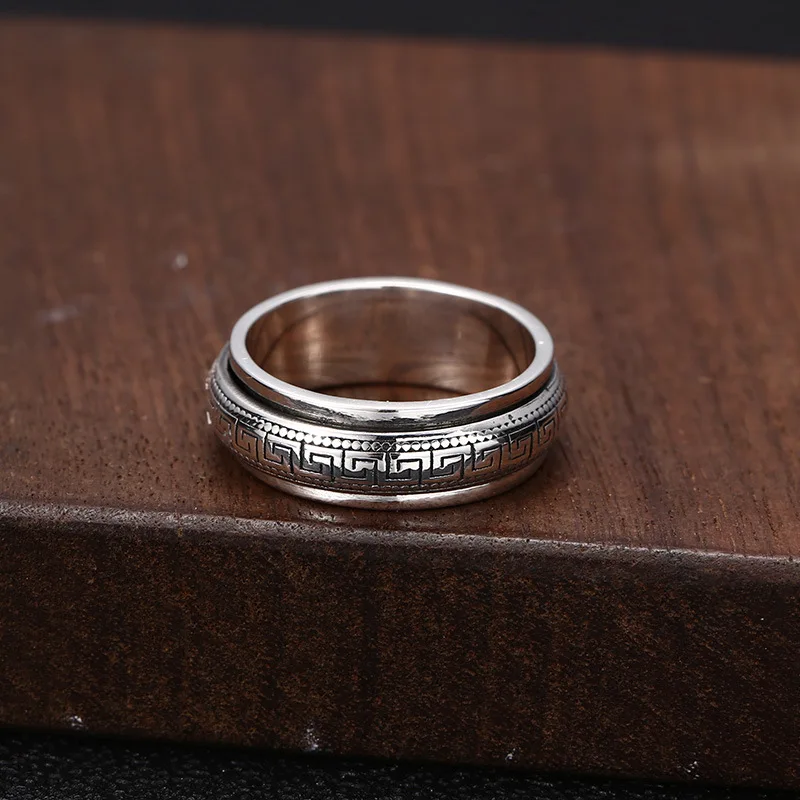 Factory Price S925 Sterling Silver Movable Great Wall Pattern Ring Men Women Real Silver Double-layer Rotatable Rings Jewelry