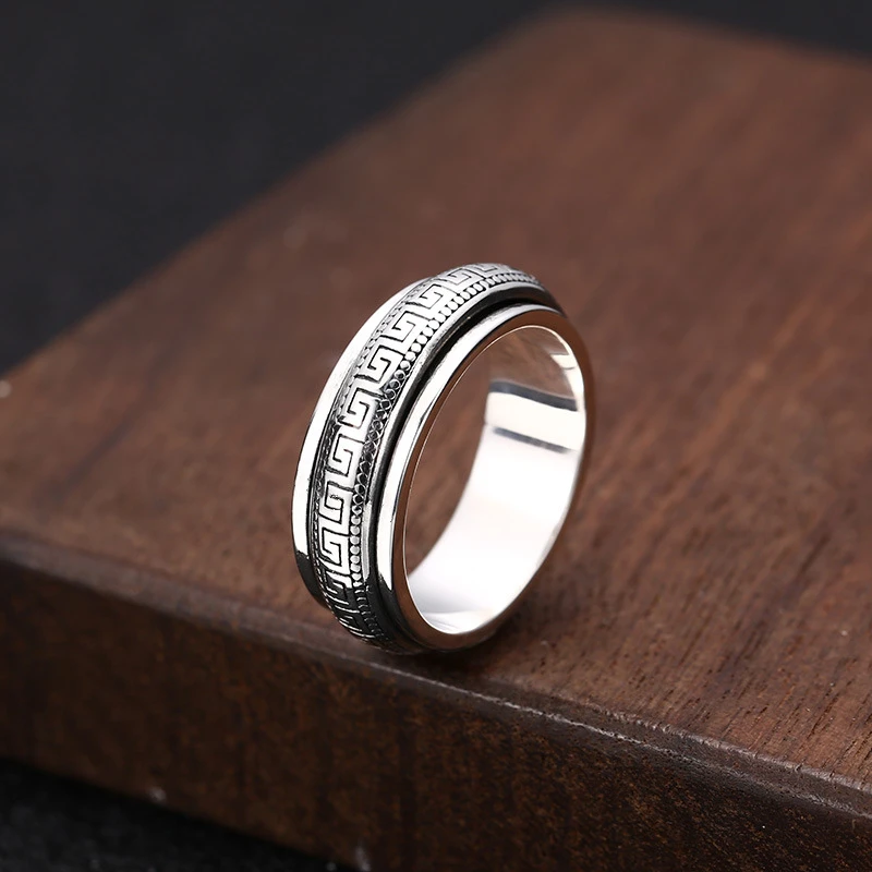 Factory Price S925 Sterling Silver Movable Great Wall Pattern Ring Men Women Real Silver Double-layer Rotatable Rings Jewelry