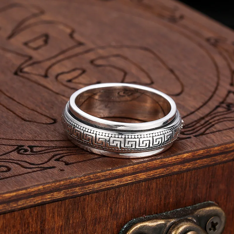 Factory Price S925 Sterling Silver Movable Great Wall Pattern Ring Men Women Real Silver Double-layer Rotatable Rings Jewelry