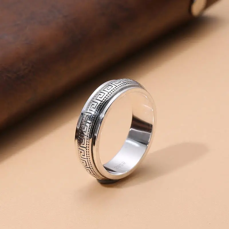 Factory Price S925 Sterling Silver Movable Great Wall Pattern Ring Men Women Real Silver Double-layer Rotatable Rings Jewelry