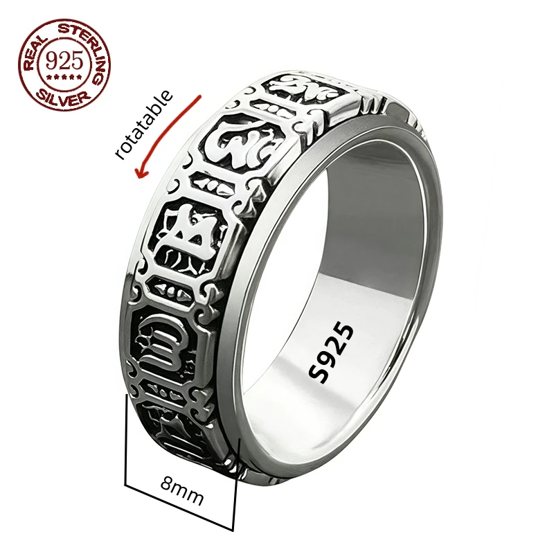 Factory Price S925 Sterling Silver Movable Great Wall Pattern Ring Men Women Real Silver Double-layer Rotatable Rings Jewelry