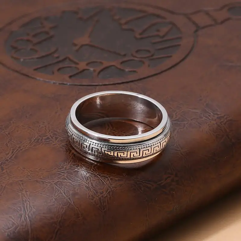 Factory Price S925 Sterling Silver Movable Great Wall Pattern Ring Men Women Real Silver Double-layer Rotatable Rings Jewelry