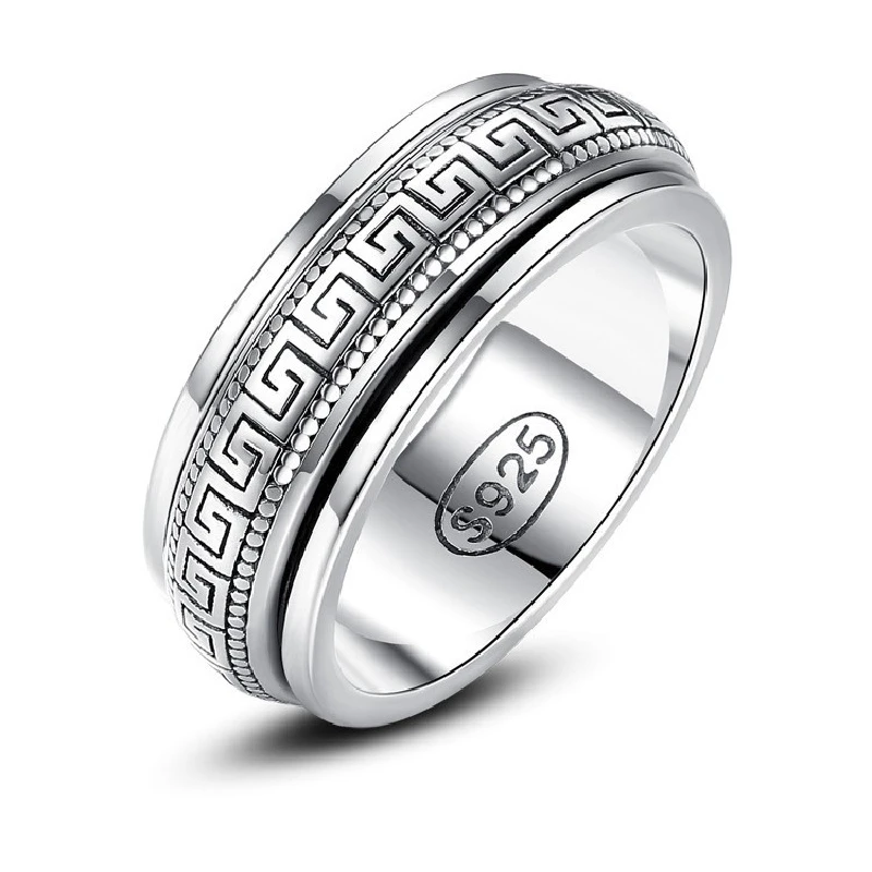 Factory Price S925 Sterling Silver Movable Great Wall Pattern Ring Men Women Real Silver Double-layer Rotatable Rings Jewelry