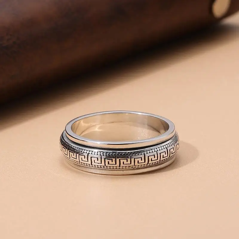 Factory Price S925 Sterling Silver Movable Great Wall Pattern Ring Men Women Real Silver Double-layer Rotatable Rings Jewelry