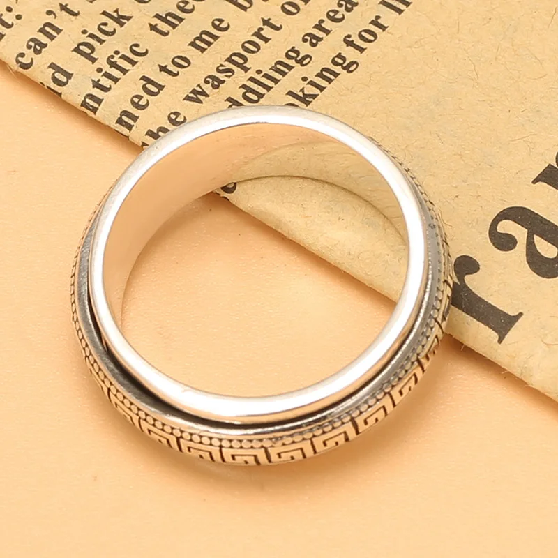 Factory Price S925 Sterling Silver Movable Great Wall Pattern Ring Men Women Real Silver Double-layer Rotatable Rings Jewelry