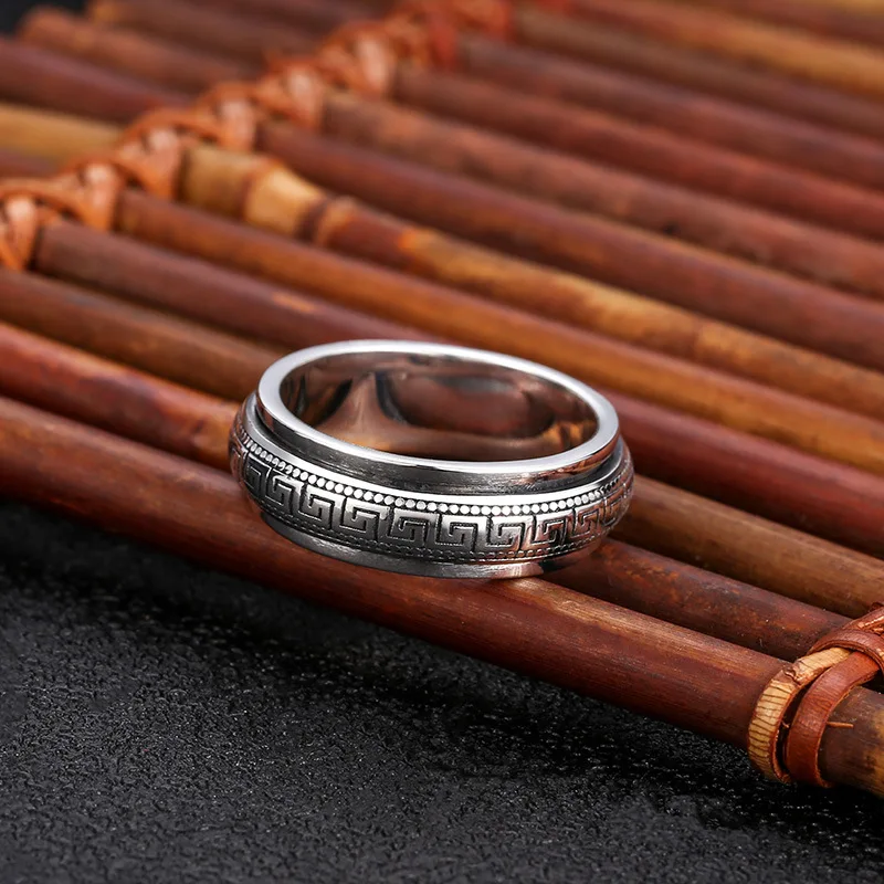 Factory Price S925 Sterling Silver Movable Great Wall Pattern Ring Men Women Real Silver Double-layer Rotatable Rings Jewelry