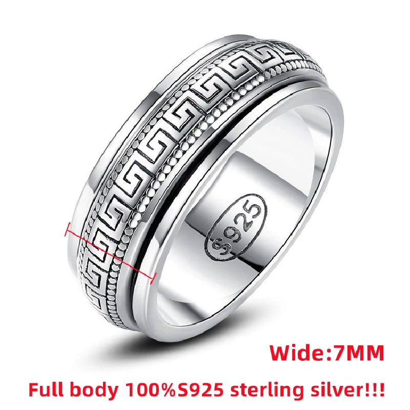 Factory Price S925 Sterling Silver Movable Great Wall Pattern Ring Men Women Real Silver Double-layer Rotatable Rings Jewelry