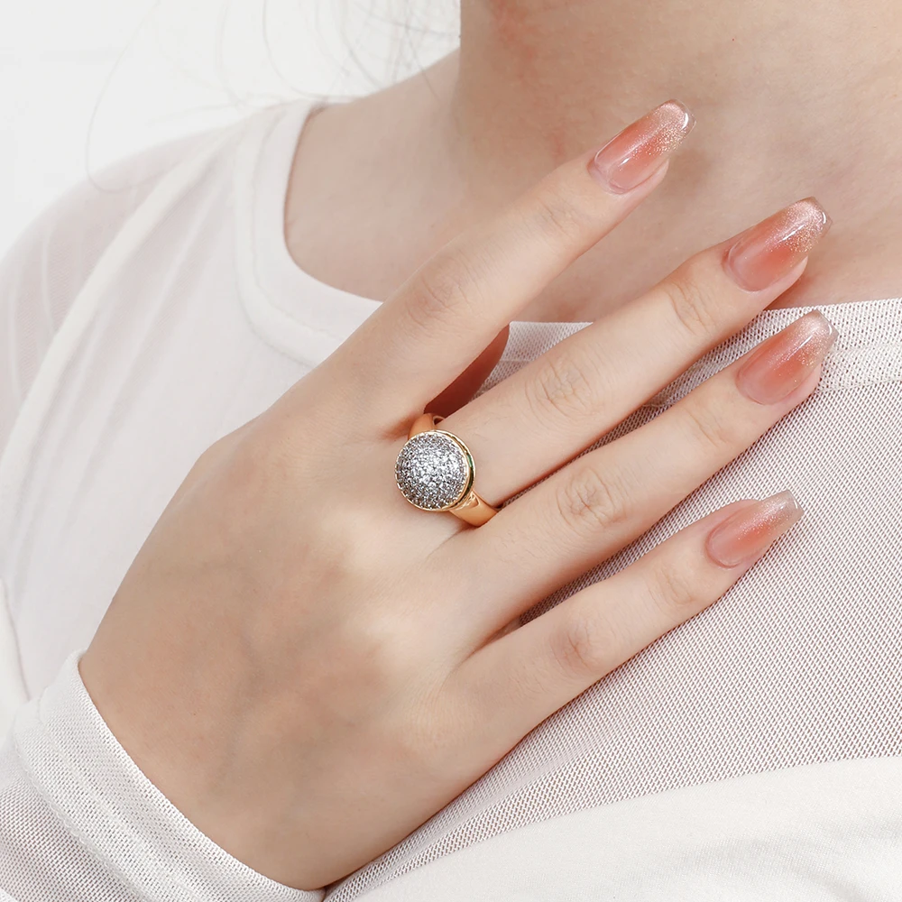 Round shiny inlaid zircon earrings ring set fashionable jewelry copper plated 14K gold party festival fashion luxury jewelry