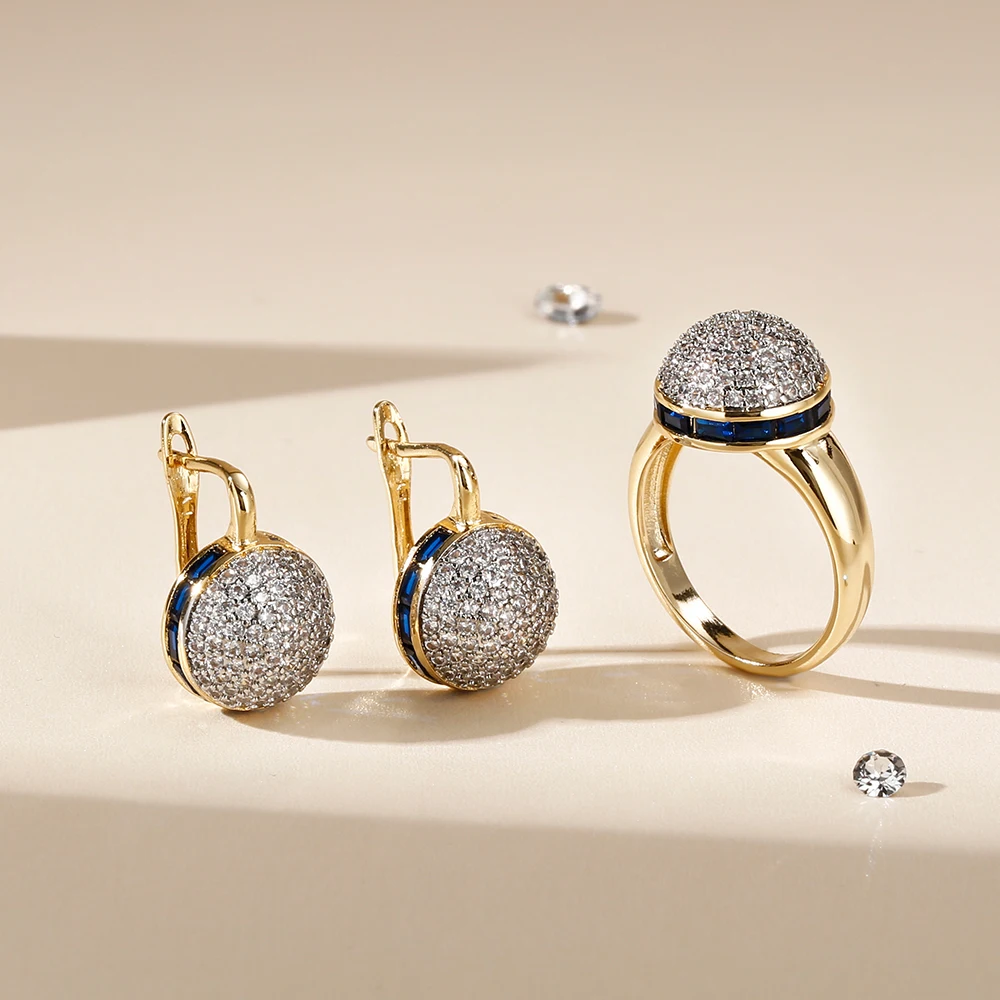 Round shiny inlaid zircon earrings ring set fashionable jewelry copper plated 14K gold party festival fashion luxury jewelry