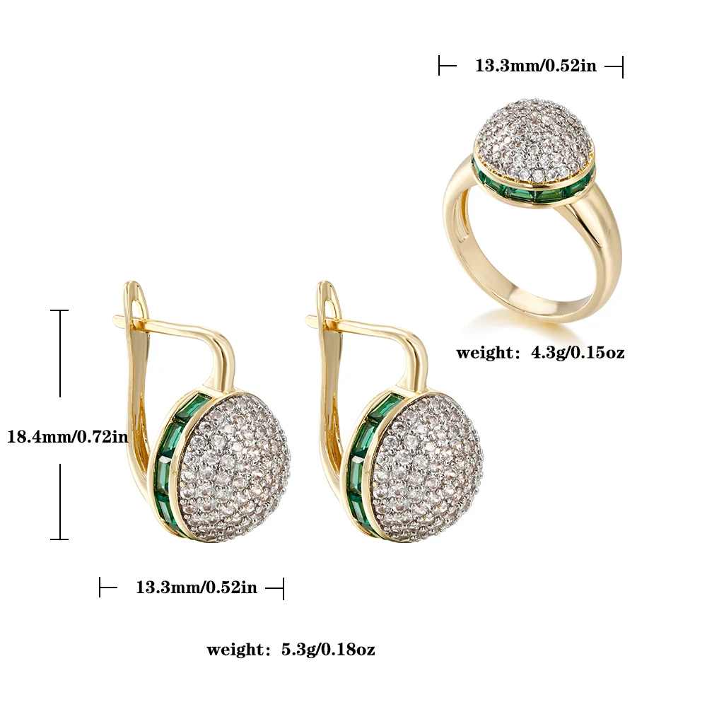 Round shiny inlaid zircon earrings ring set fashionable jewelry copper plated 14K gold party festival fashion luxury jewelry