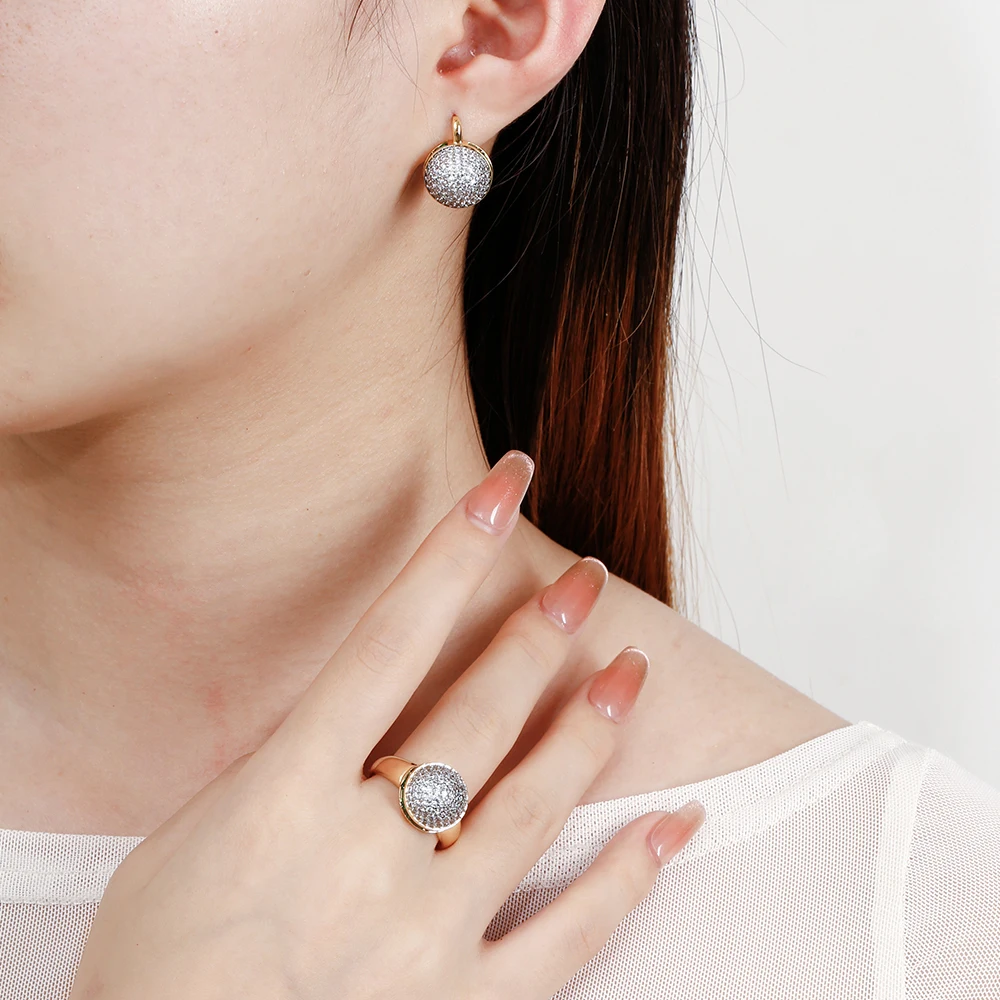 Round shiny inlaid zircon earrings ring set fashionable jewelry copper plated 14K gold party festival fashion luxury jewelry