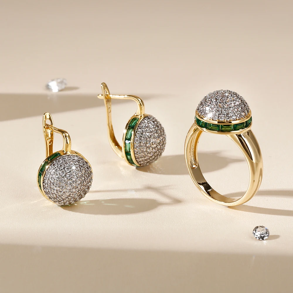 Round shiny inlaid zircon earrings ring set fashionable jewelry copper plated 14K gold party festival fashion luxury jewelry