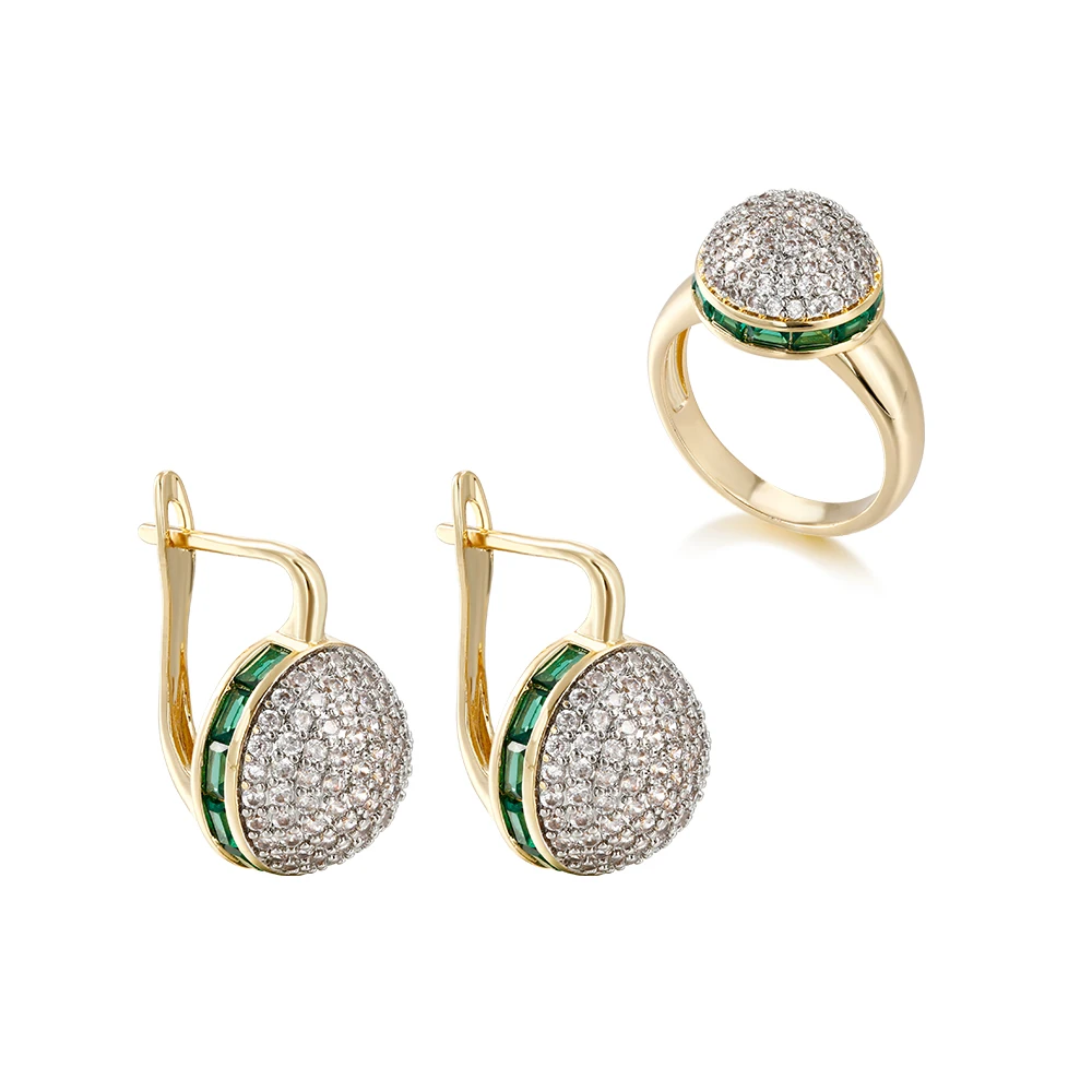 Round shiny inlaid zircon earrings ring set fashionable jewelry copper plated 14K gold party festival fashion luxury jewelry