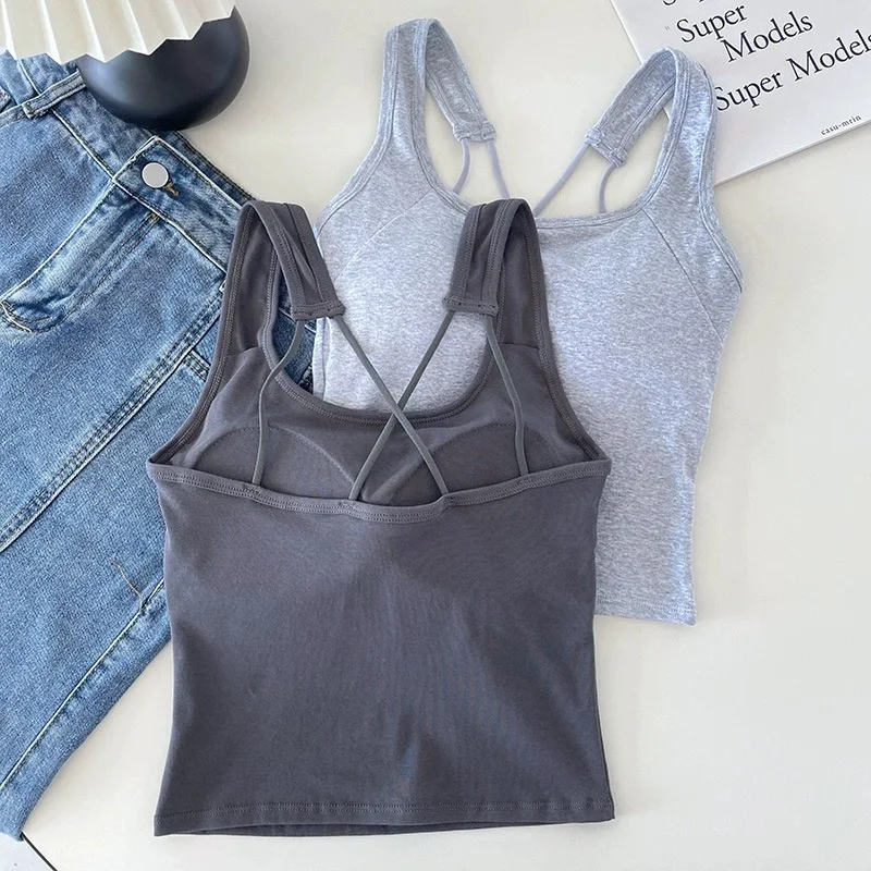 Solid Tank Top for Women Cross-sling Short Vest Sports Tank with Built in Bra One-piece Sleeveless Slim Fashion Crop Top Female