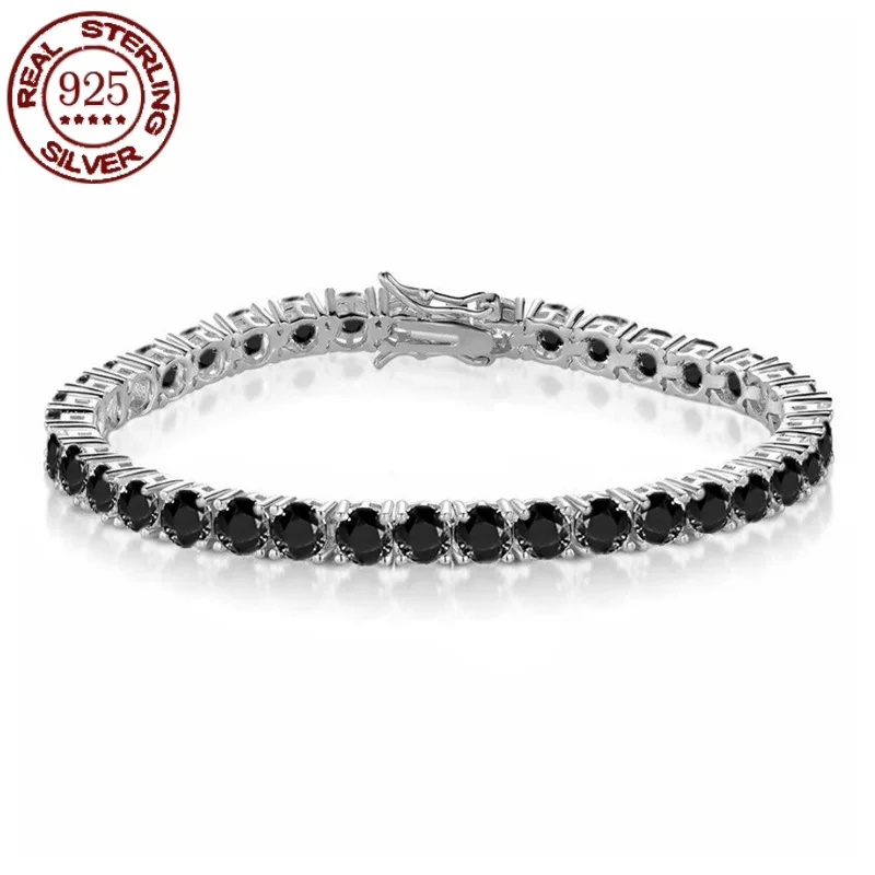 100% Real S925 Sterling Silver Plated 18K Gold 5A Grade Zircon Black Tennis Bracelet for Men and Women Fashion Exquisite Jewelry