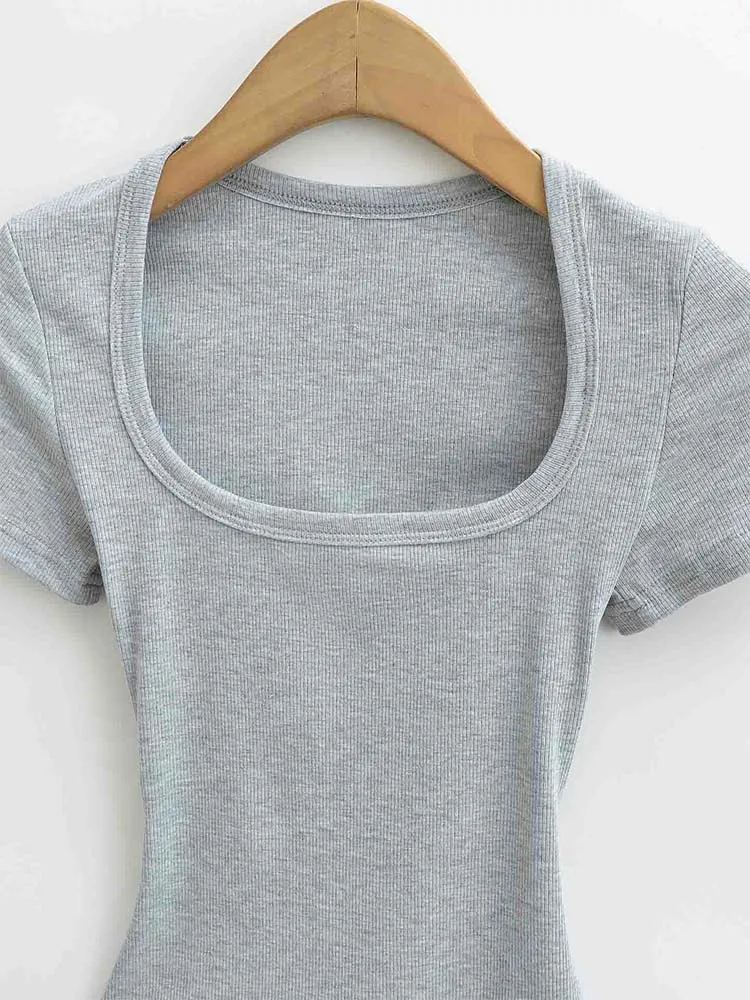 Square Collar High Stretch Summer Crop Tops Women Short Sleeve Tops Sexy Pullover Bottoming Blouses Slim T-shirt