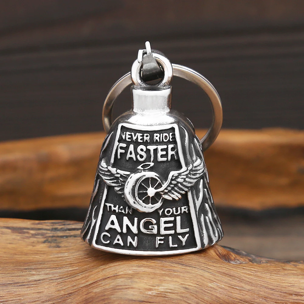 New Vintage 316L Stainless Steel Motorcycle Bike Bell Angel Wing Wheel Keychains For Men Fashion Punk Lucky Jewelry Dropshipping