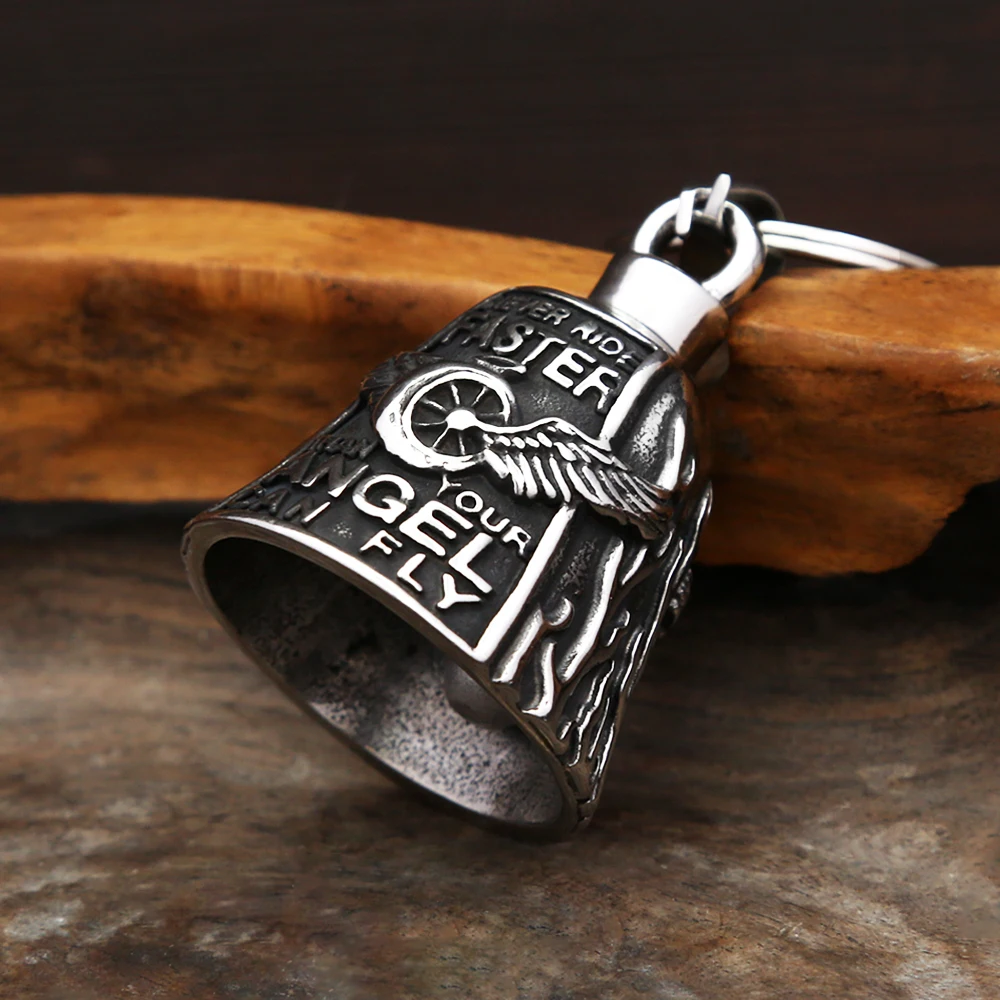 New Vintage 316L Stainless Steel Motorcycle Bike Bell Angel Wing Wheel Keychains For Men Fashion Punk Lucky Jewelry Dropshipping