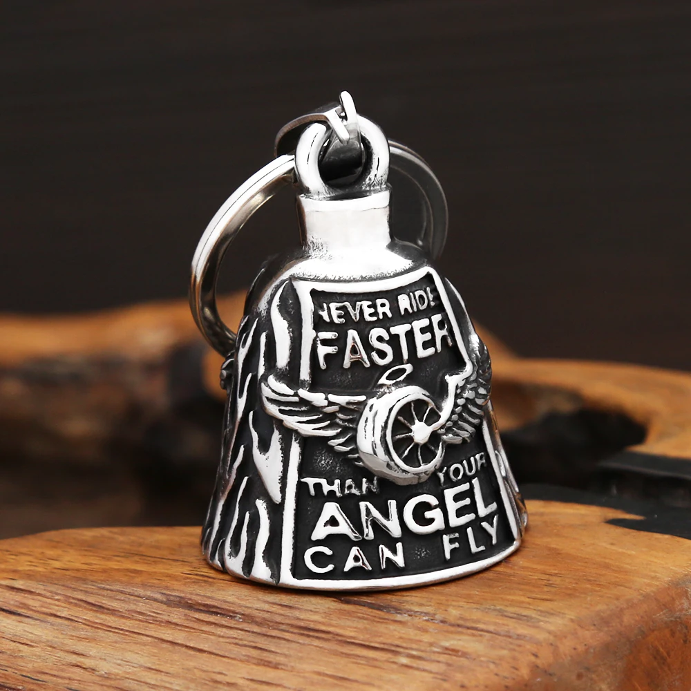 New Vintage 316L Stainless Steel Motorcycle Bike Bell Angel Wing Wheel Keychains For Men Fashion Punk Lucky Jewelry Dropshipping