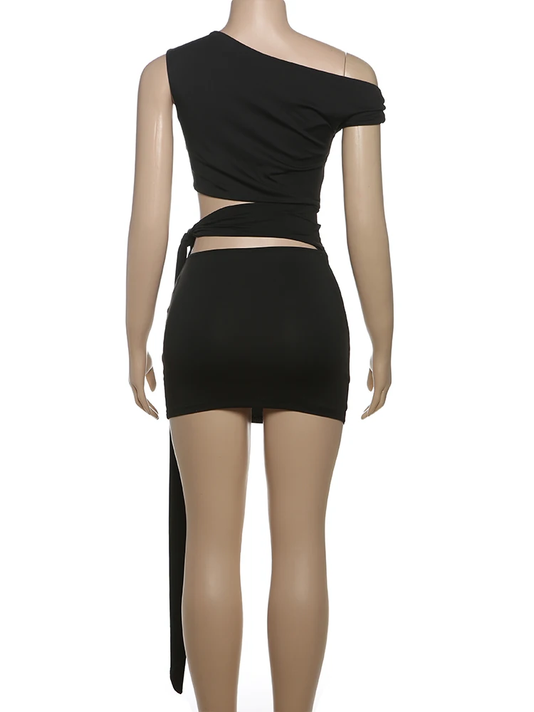 Weird Puss Sexy Hollow Dress Women Irregular Diagonal Collar Waistless Midnight Hottie Club Party Trend Coquettish Mini Bodycon