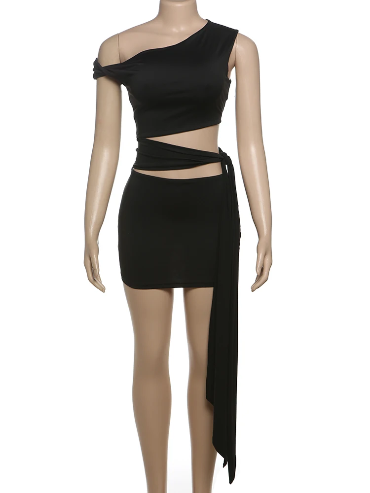 Weird Puss Sexy Hollow Dress Women Irregular Diagonal Collar Waistless Midnight Hottie Club Party Trend Coquettish Mini Bodycon